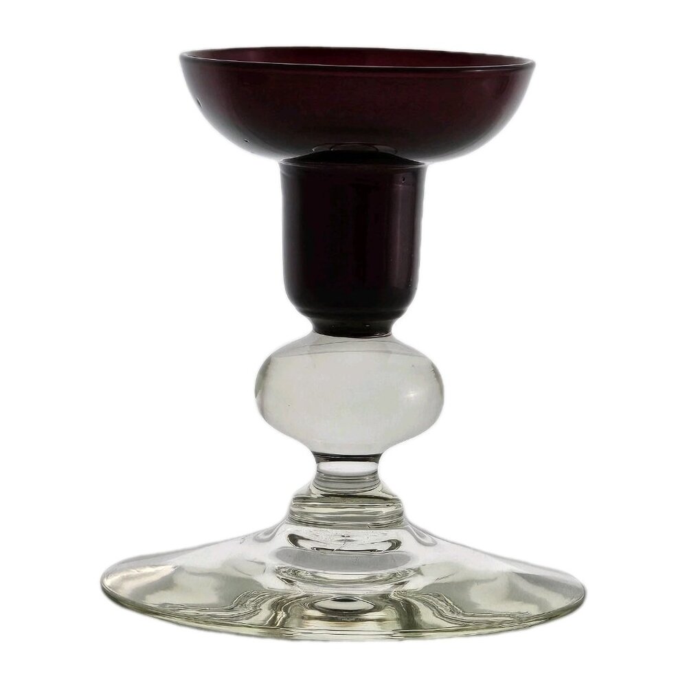 Ruby Red Glass Candlestick Clear Footed Ball Stem 4" vtg colorblock taper candle - Picture 3 of 5